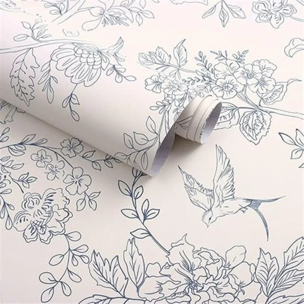 Cream White and Blue Floral Wallpaper Peel and Stick Wallpaper 17.7